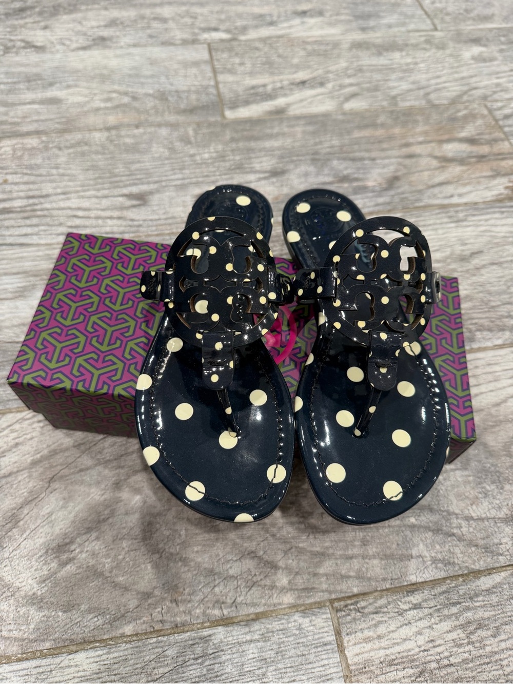 Tory Burch Black and Cream Polka Dot Miller Thong Sandals